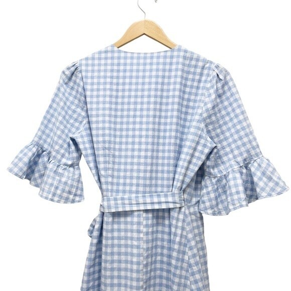 Storia Blue Gingham Wrap Ruffled Knee Length Dress Women’s Size Small Dorothy - Picture 6 of 8